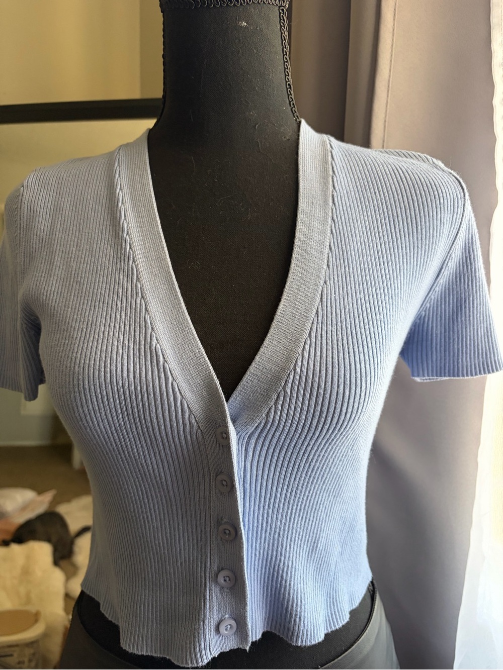 Zara Light Blue Ribbed V-Neck Button-Front Sweater